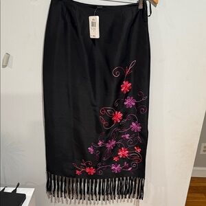 INC International Concepts Black Skirt with Pink and Purple Floral Embroidery